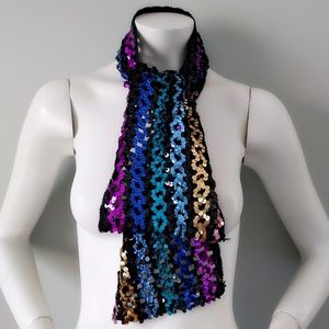 Vtg 80s Rainbow Sequin Stripe Knit Oblong Scarf